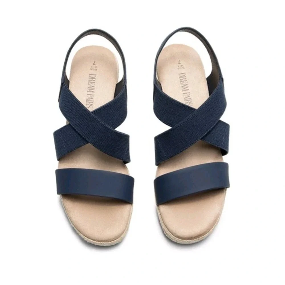Women Elastic Ankle Strap‎ Espadrilles Wedge Sandals Open Toe Casual Sz 7 Navy